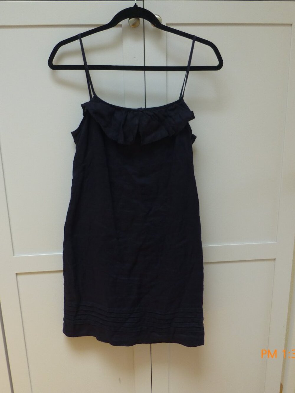 LOFT Ann Taylor Navy Blue Linen Dress Size 0 Spaghetti Strap Ruffle Neck